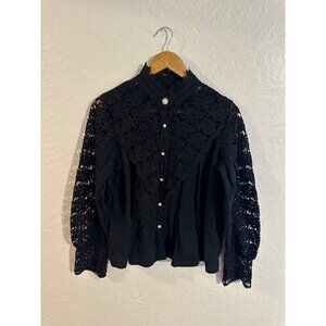 Y Black Cotton Goth Alt Wednesday Addams Style Victorian Lace Collared Blouse